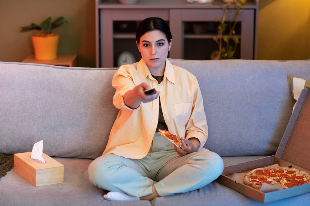 a girl sitting on a couch eating pizza and watching tv