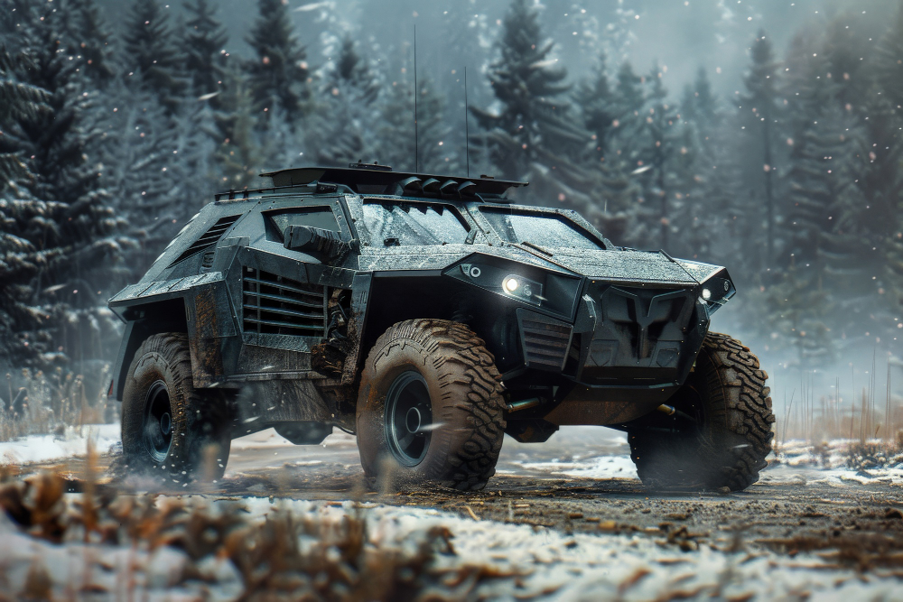 a military vehicle driving on a snowy road