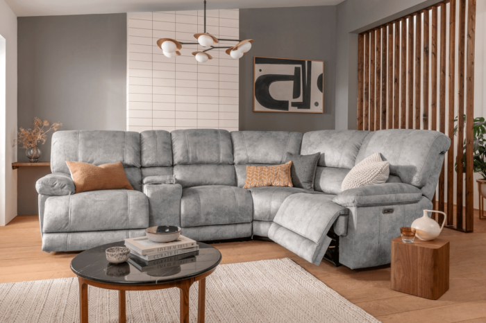 4 Seater Corner Reclining Electric Sofa​ in Silver with USB Port, Cupholders and Other Features