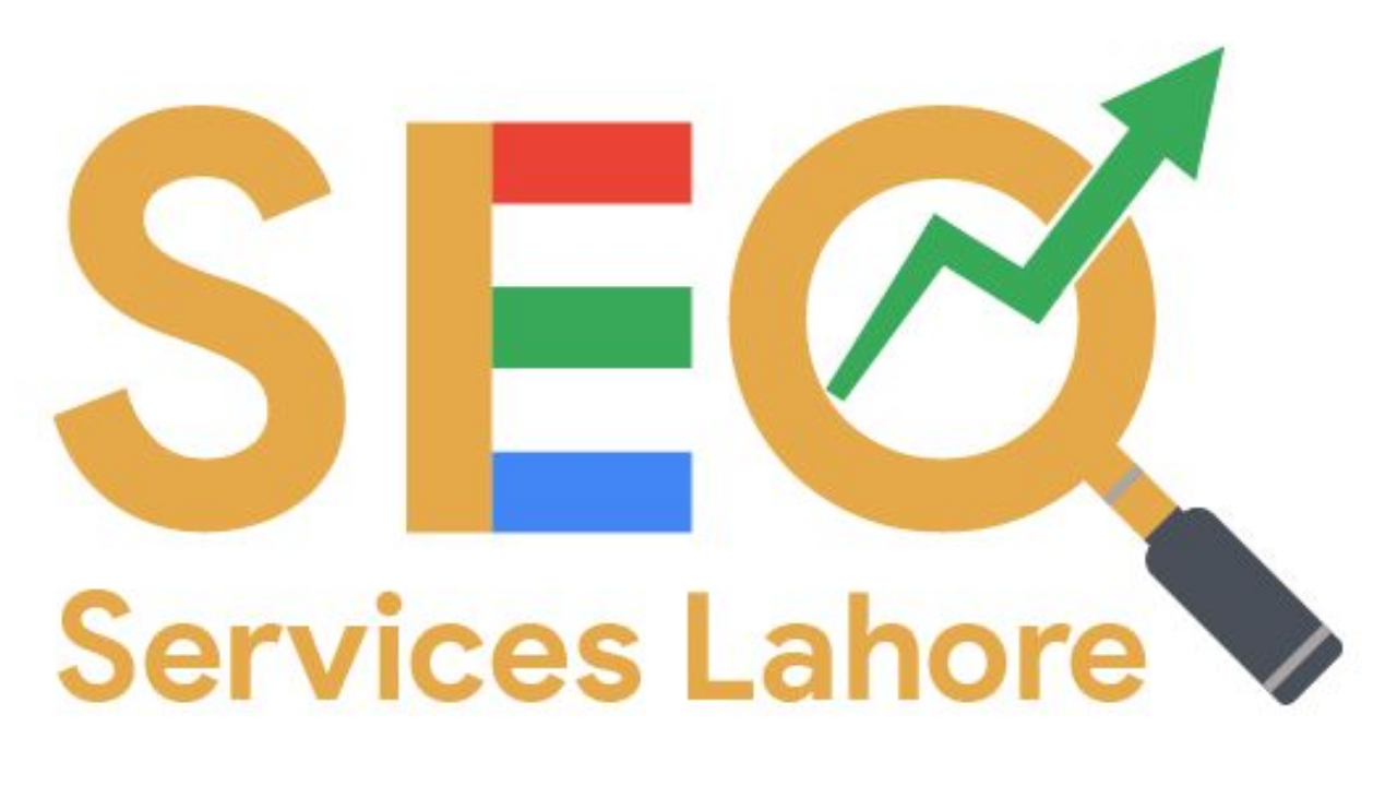 SEO Services Lahore logo featuring the word 'SEO' in bold letters, where the letter 'E' is designed with red, green, and blue stripes resembling Google's colors. The letter 'O' includes a magnifying glass with a green upward arrow symbolizing growth, and below it, the words 'Services Lahore' are written in gold