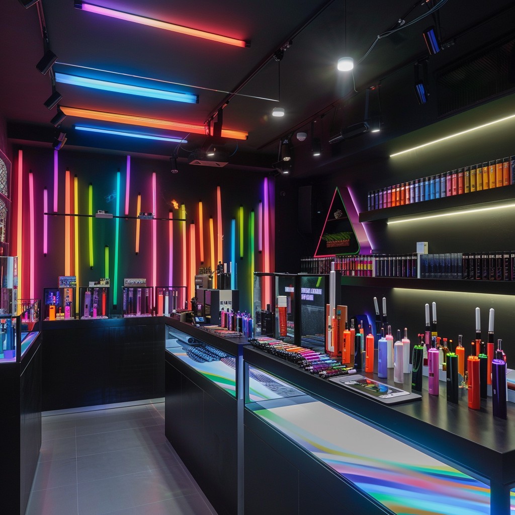 A neon-lit vape shop displaying a variety of e-liquids, vape pens, and accessories.