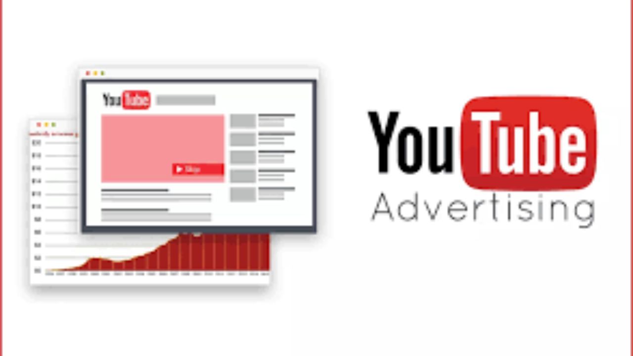 A digital graphic representation of YouTube advertising. It features a web browser mockup displaying a YouTube page with a highlighted ad section and a 'Skip' button. Next to it, the YouTube logo appears with the word 'Advertising' written below it. A red bar chart in the background represents analytics or growth metrics.